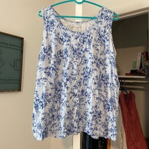 Woman Within Blue and White Floral Tank Top